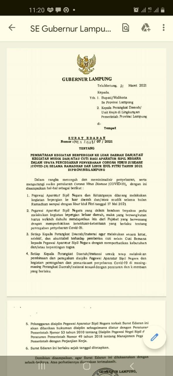 Pemerintah Provinsi Lampung Terbitkan Surat Edaran Larang ASN Mudik